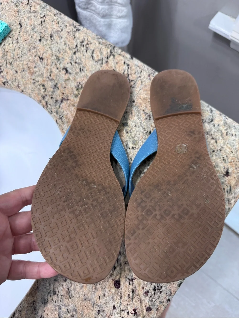 👡Tory Burch Blue Thora Leather Thong Sandals Gold Logo On Tan Footbed, 7.5👡